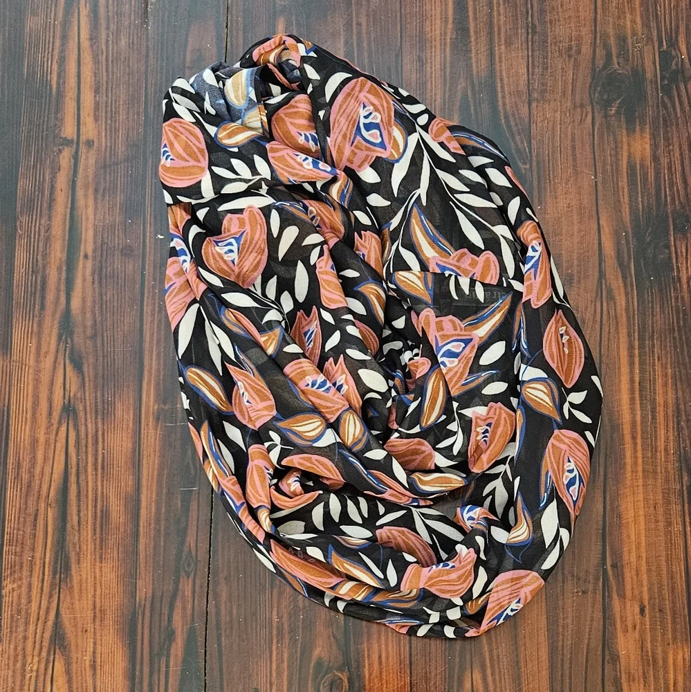 Daniel Rainn Black Floral Infinity Scarf with Coral & Blue Accents
